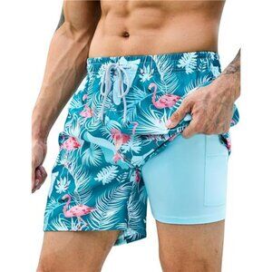 Mens Swim Trunks with Compression Liner 7 inch Inseam 2 Pack Quick Dry Stretch